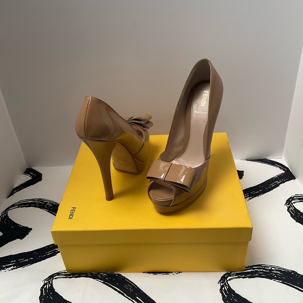 Fendi Tan Stiletto Peep-Toe Heels with Bow